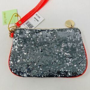 Deux Lux Silver Sequin Wristlet Double Side Green and White Stripe Small Bag NWT